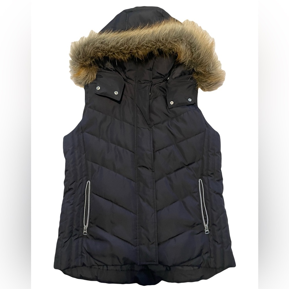 H&M Women’s Blue Puffer Vest with Detachable Faux Fur Hood Size 10